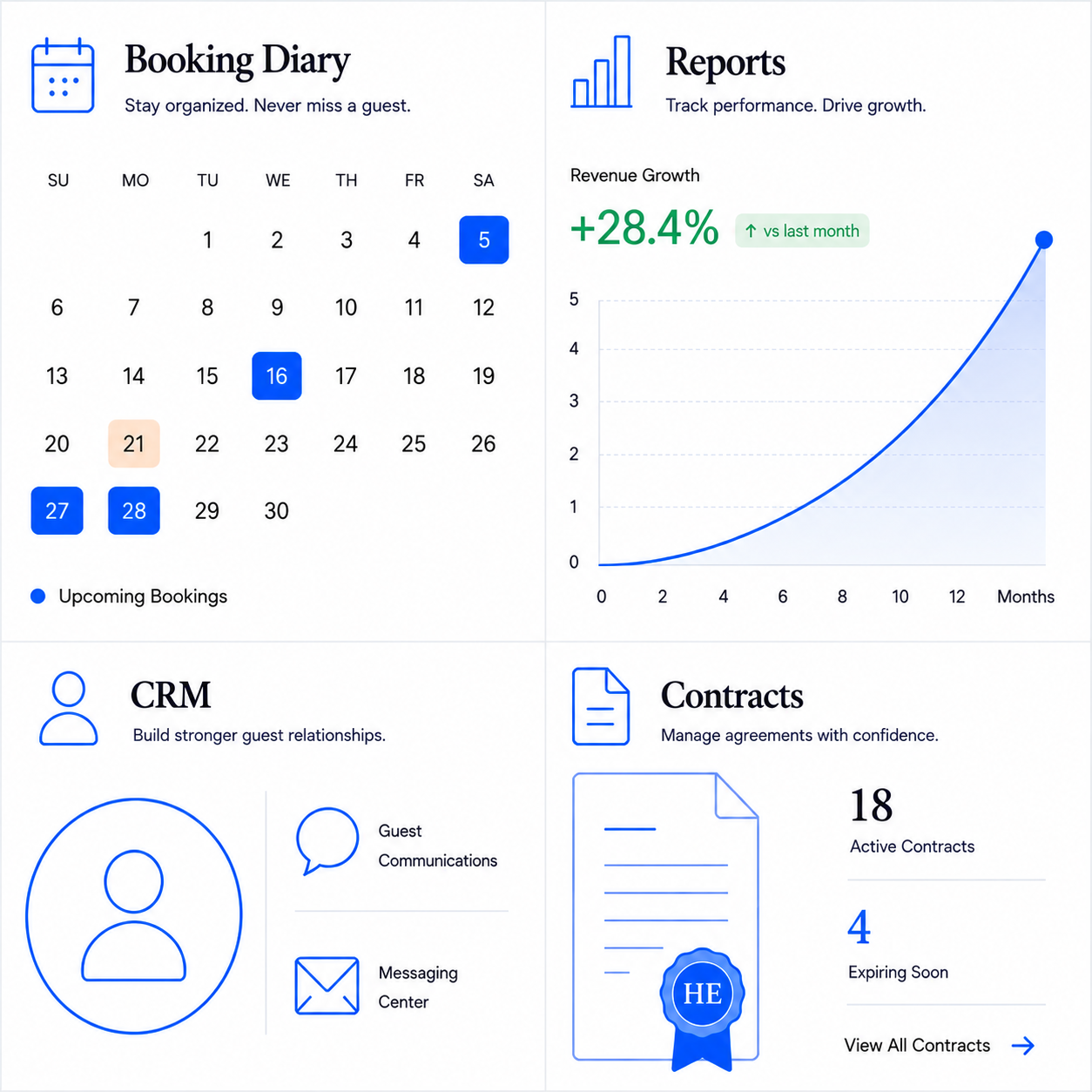 BookBanquetRoom platform — Booking Diary, Reports, CRM and Contracts dashboards